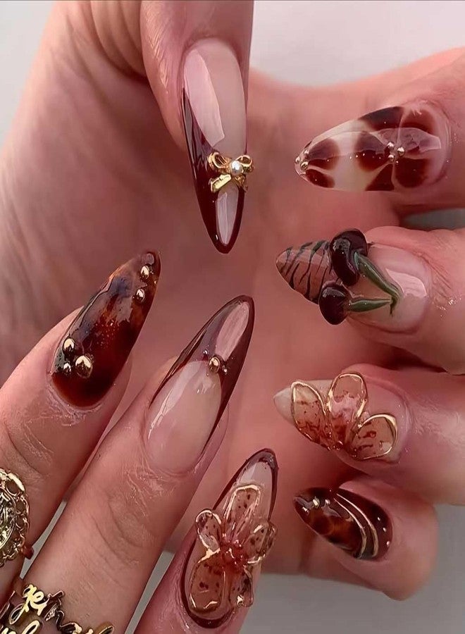 Foccna Press on Nails Medium Tortoiseshell Fake Nails Almond Glossy False Nail Tips Artificial Nails Finger Manicure for Women -24pcs, Gorgeous Nails - Image 1
